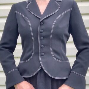 90s Vtg Peplum Blazer Black White Stitch Bell Sleeve Medium 6 Office Mad Men